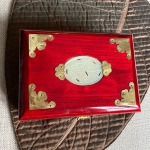 Red Wooden Jewelry Box,Inlaid Hancarved Jade, Brass hardware,Hinged, Silk Lining